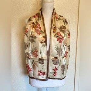 Vera Neumann Silk Organza Brown Beige Floral Rectangle Scarf 10.5” X 52”